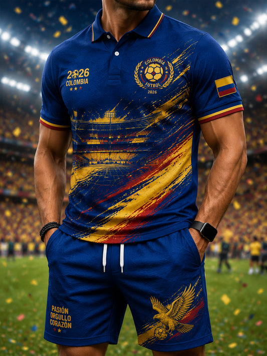 Conjunto casual de polo y pantalones cortos para aficionados al fútbol de Colombia, estilo retro 2026