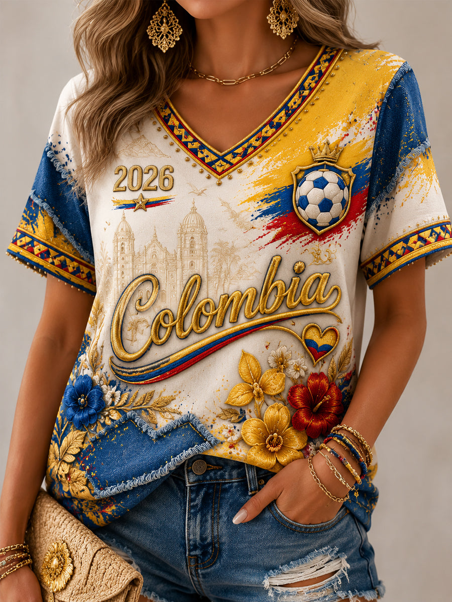 Camiseta con cuello en V 2026 Colombia Soccer Art para mujer