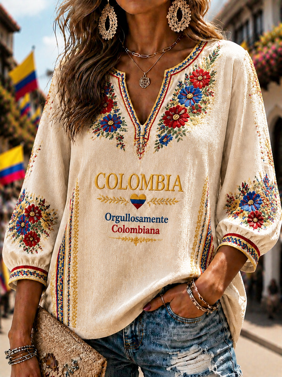 Top con cuello en V 2026 Colombia Floral Art para mujer