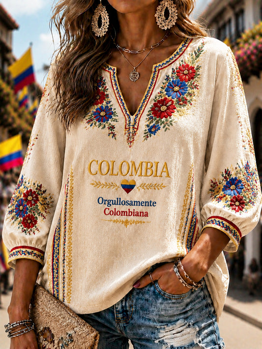 Top con cuello en V 2026 Colombia Floral Art para mujer