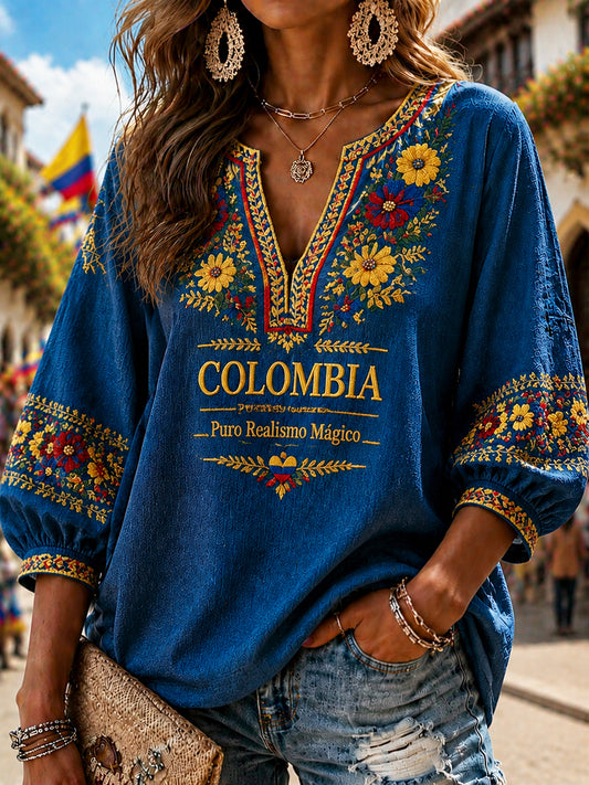 Top con cuello en V 2026 Colombia Independence Day Floral Art para mujer