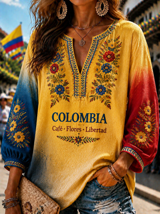 Retro Columbia Floral Art V-Neck Top para mujer