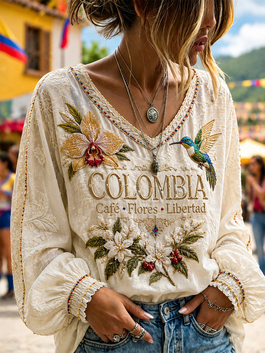 Mujer Retro Columbia Independence Day Floral V-Neck Top