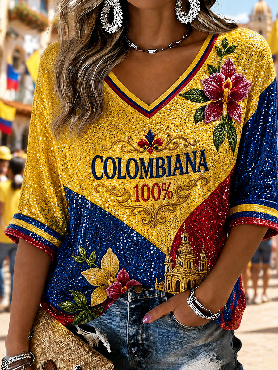 Camiseta con cuello en V floral Columbia Independence Day Retro para mujer