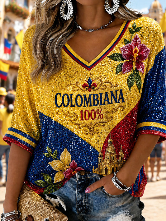 Camiseta con cuello en V floral Columbia Independence Day Retro para mujer