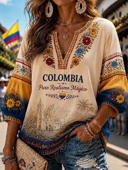 Mujer Retro Columbia Gradient Floral Art V-Neck Top