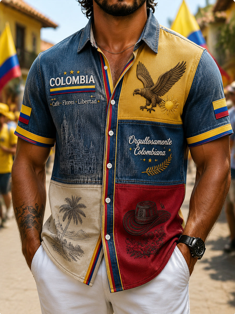 Hombres Retro Columbia Independence Day Patchwork Casual Camisa