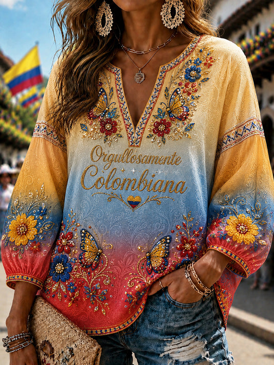 Mujer Retro Columbia Butterfly Ombré Floral V-Neck Top