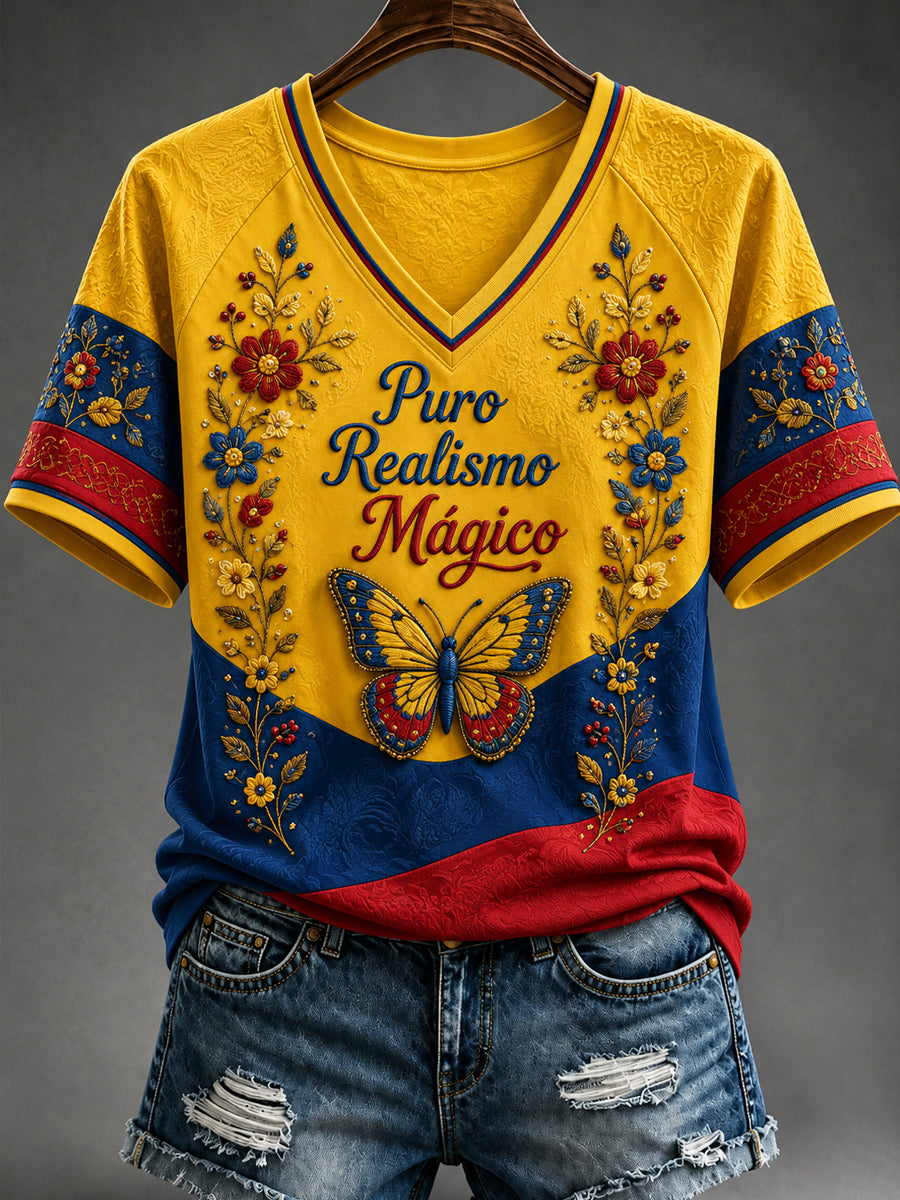 Mujer Retro Columbia Floral Butterfly V-Neck T-Shirt-1