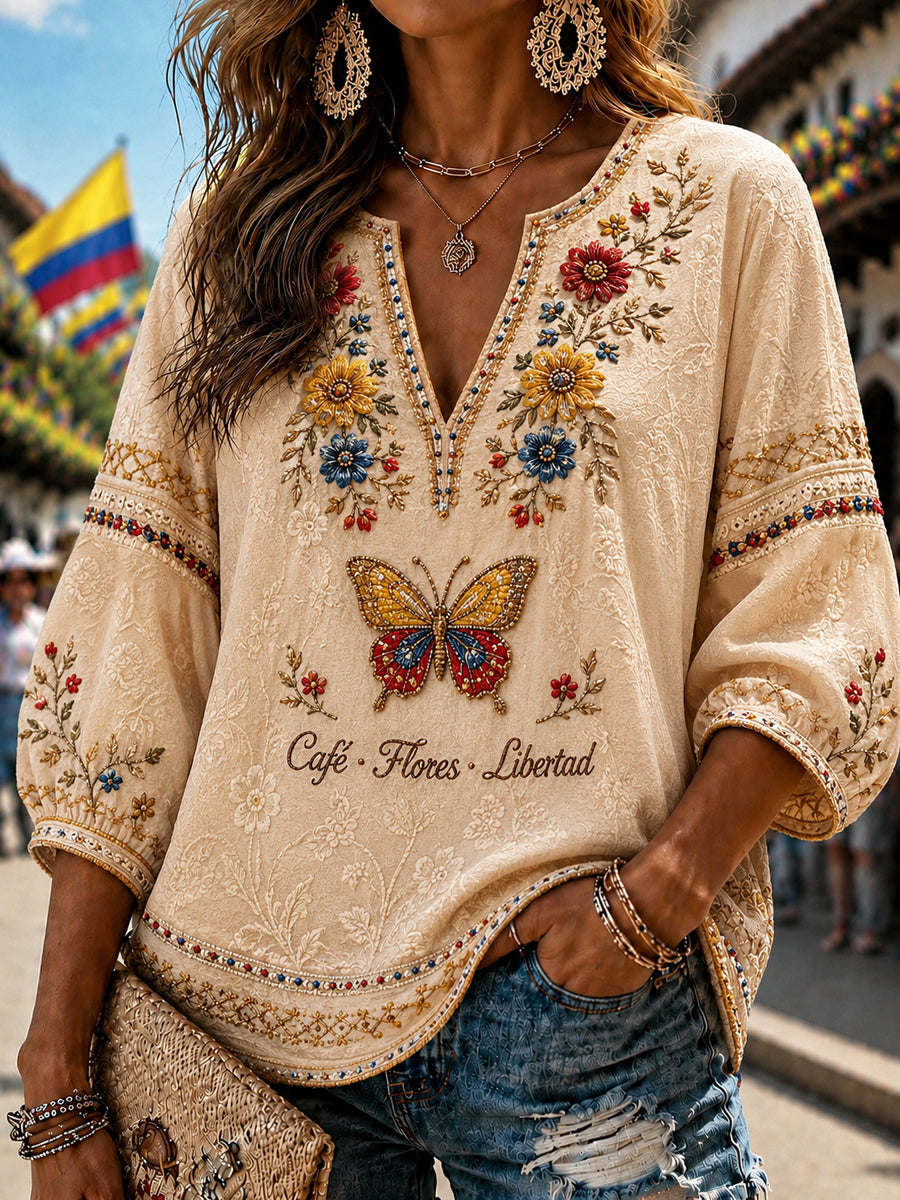 Top con cuello en V floral étnico colombiano retro de las mujeres