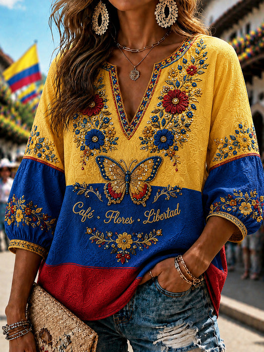 Blusa con cuello en V y patchwork floral retro de Columbia para mujer