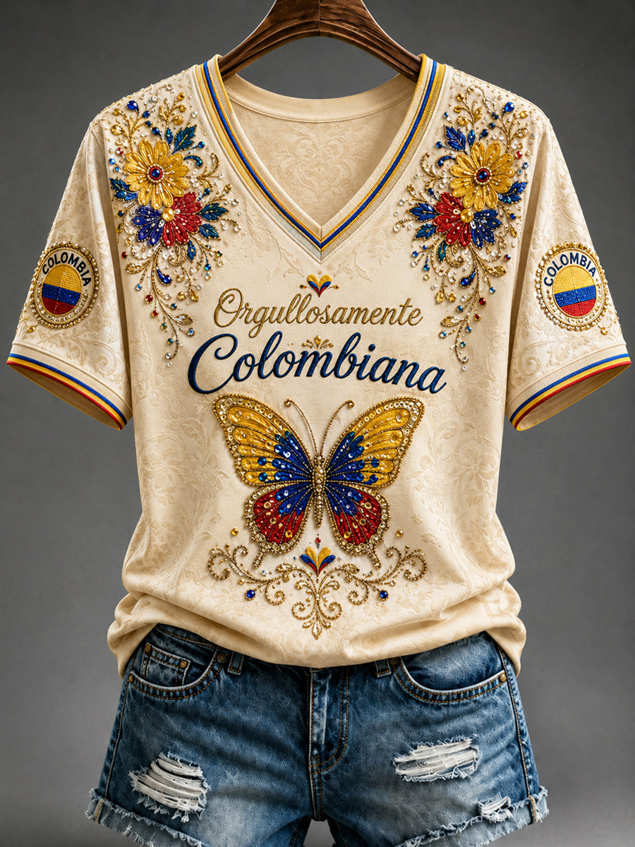 Camiseta con cuello en V retro Columbia Floral Butterfly para mujer