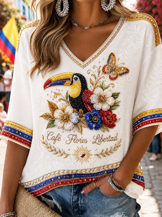Camiseta con cuello en V colombiana retro del arte floral de las mujeres