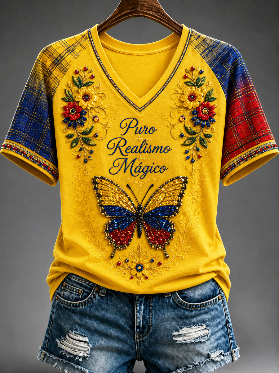 Vintage Columbia Floral a cuadros Patchwork Casual V-cuello camiseta