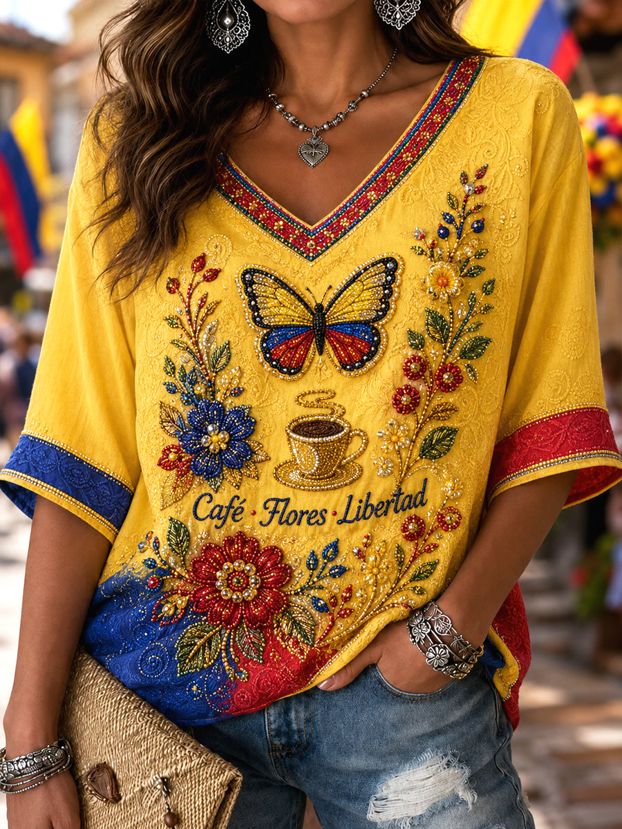 Camiseta con cuello en V Columbia Coffee Butterfly Art Retro para mujer