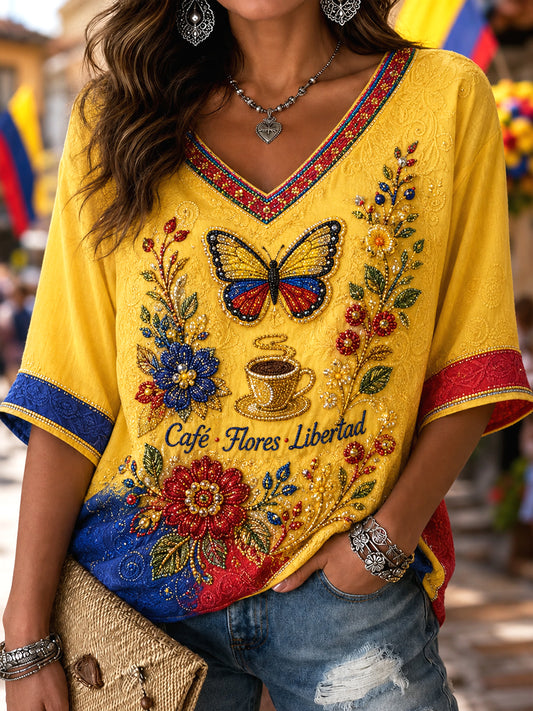 Camiseta con cuello en V Columbia Coffee Butterfly Art Retro para mujer
