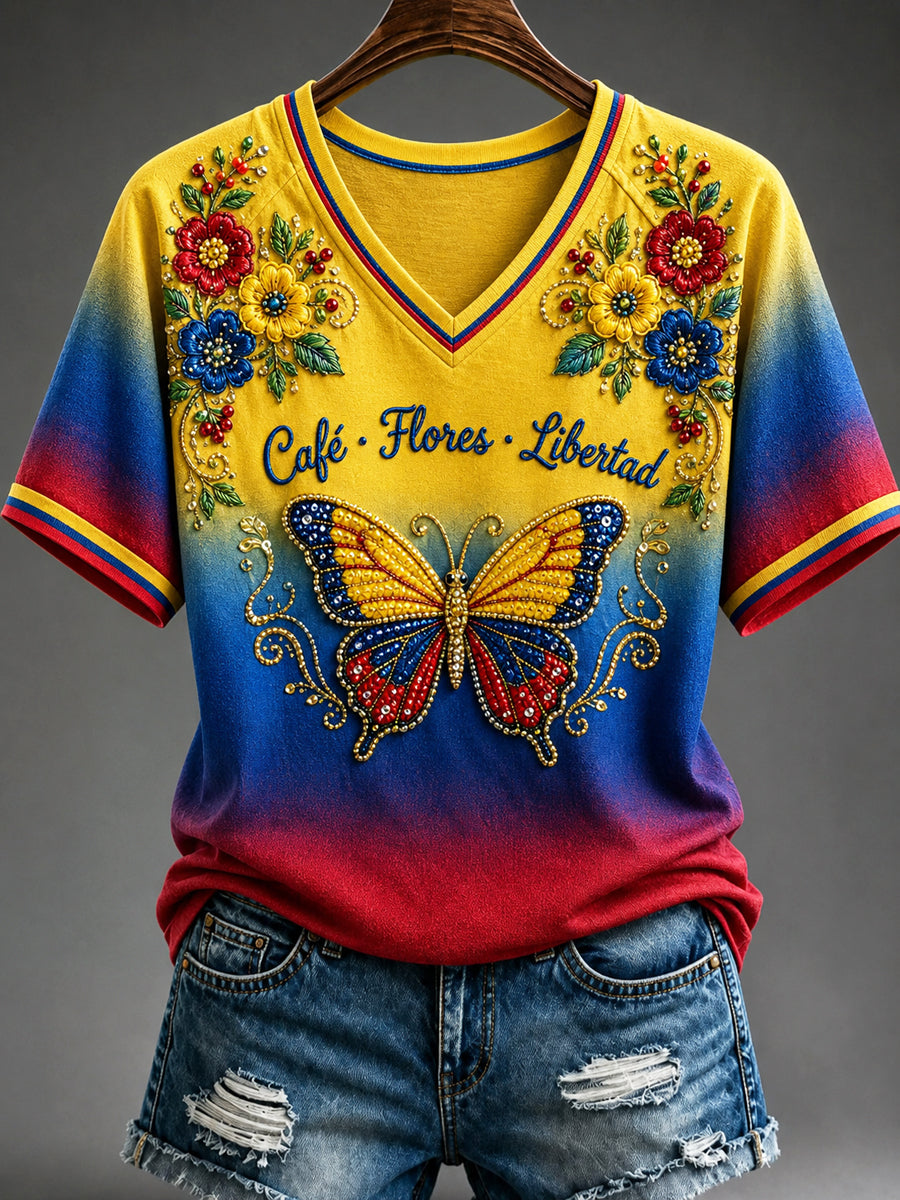 Vintage Columbia gradiente floral Casual V-cuello camiseta