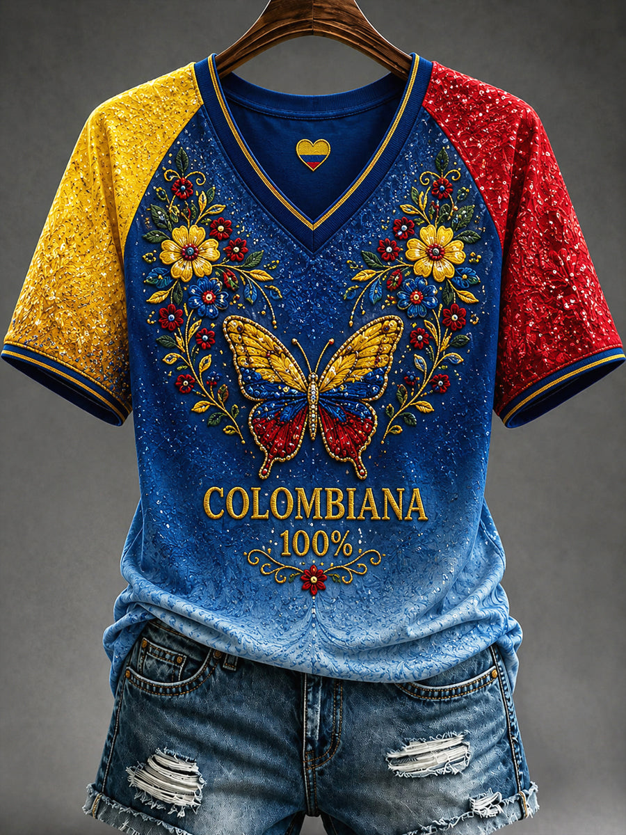 Vintage Columbia Floral Butterfly Casual V-cuello camiseta