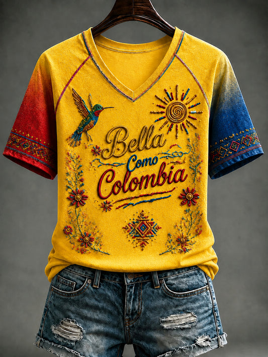 Vintage Columbia Hummingbird Gradient Casual V-cuello camiseta