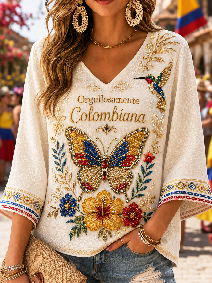 Mujer Retro Colombiano Floral Butterfly Art V-Neck Top