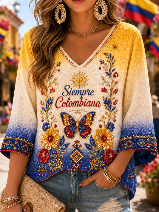 Top con cuello en V y degradado floral estilo étnico colombiano retro para mujer
