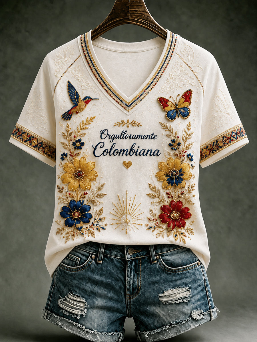 Vintage Columbia Floral Hummingbird Art Camiseta con cuello en V
