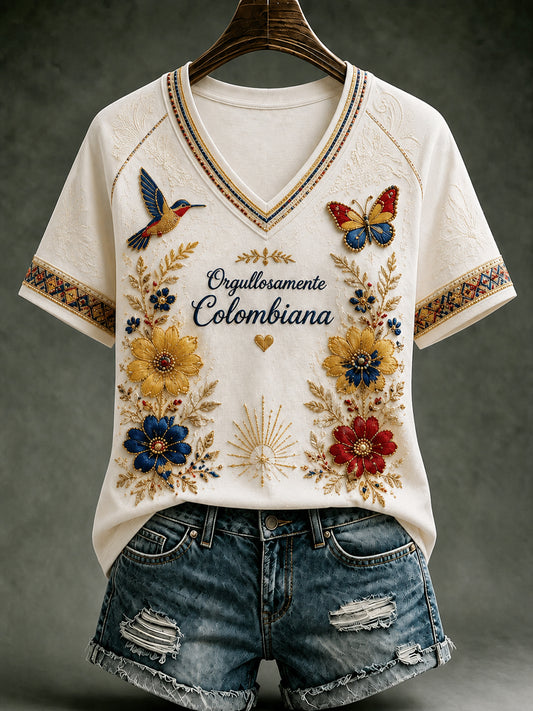 Vintage Columbia Floral Hummingbird Art Camiseta con cuello en V
