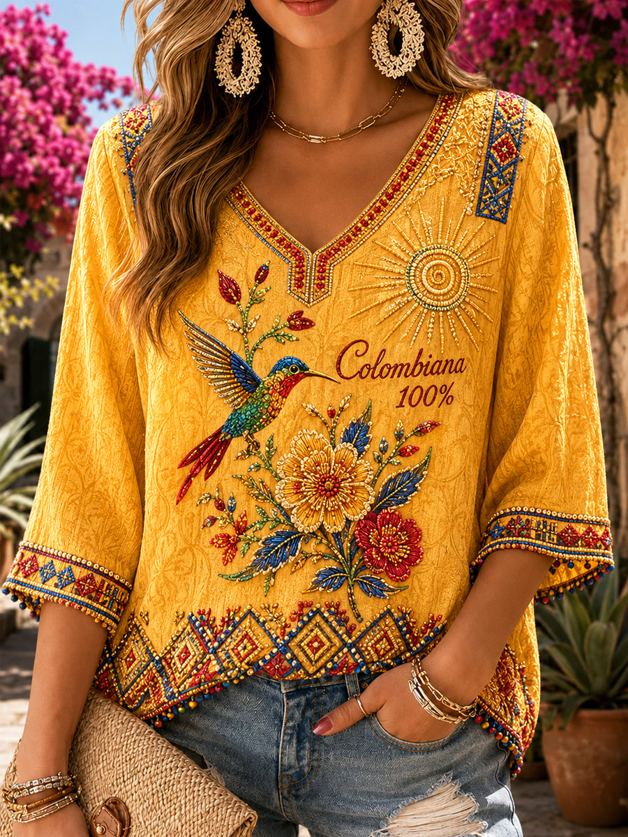 Top con cuello en V floral estilo étnico colombiano retro para mujer