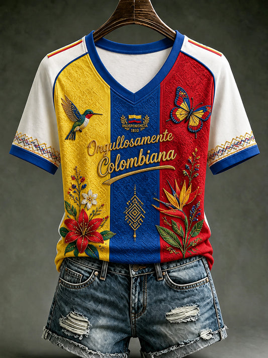 Vintage Columbia Floral Stripe Casual V-cuello camiseta