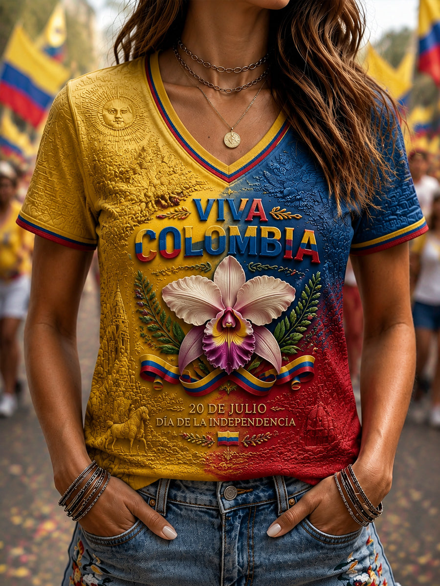 Camiseta informal de manga corta con estampado del Día de la Independencia de Colombia para mujer