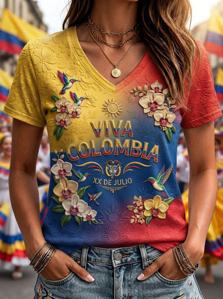 Camiseta de manga corta casual con estampado del Día de la Independencia Colombiana para mujer
