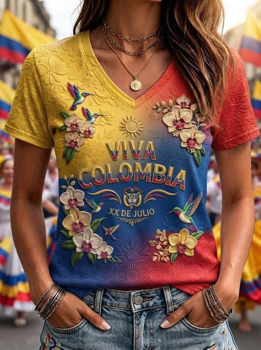 Camiseta de manga corta casual con estampado del Día de la Independencia Colombiana para mujer
