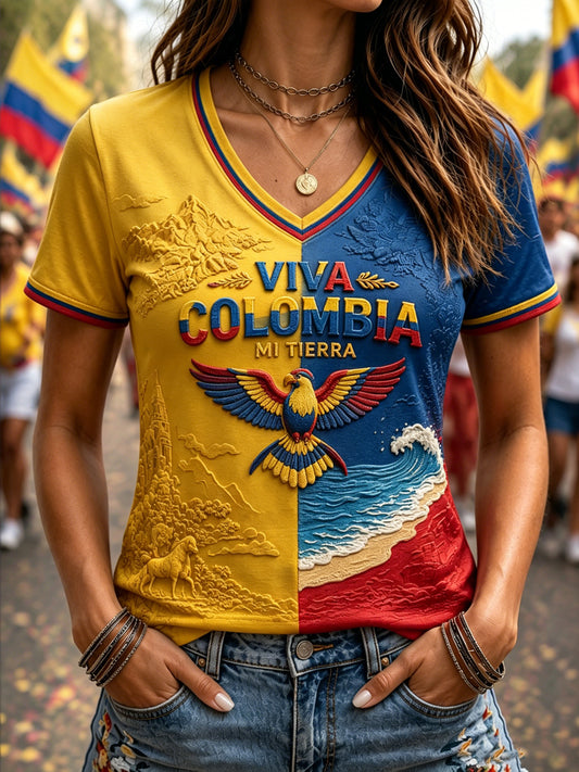 Camiseta informal de manga corta con estampado del Día de la Independencia de Colombia para mujer