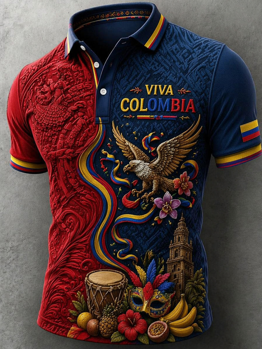 Camisa polo casual de manga corta para hombre, estampada con motivo del Día de la Independencia de Colombia