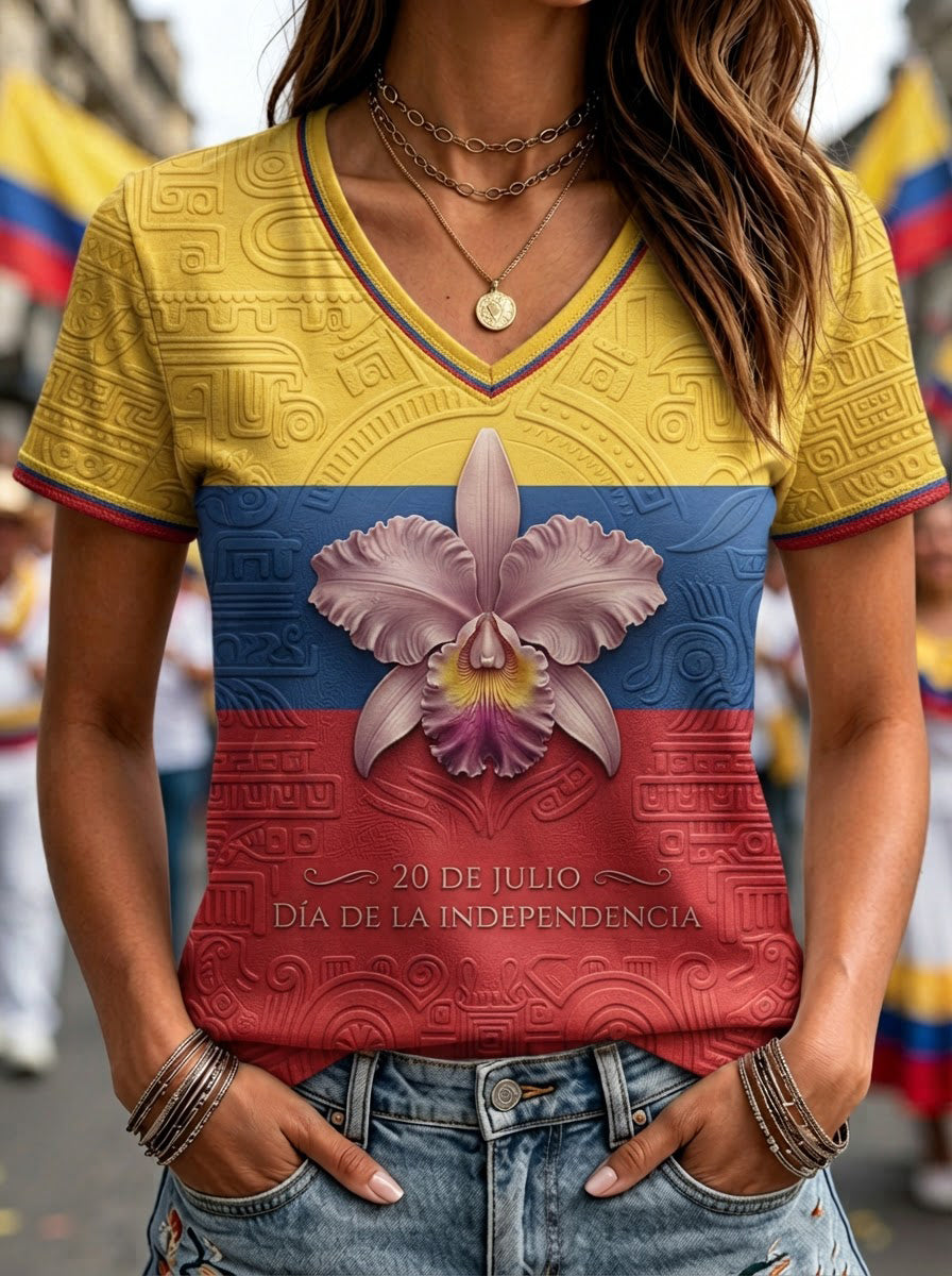 Camiseta informal de manga corta con estampado del Día de la Independencia de Colombia para mujer