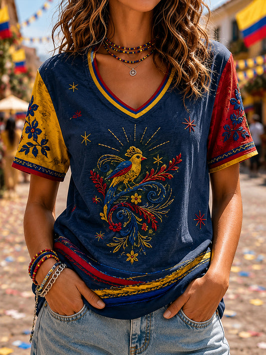 Camiseta informal de manga corta con estampado del Día de la Independencia de Colombia para mujer