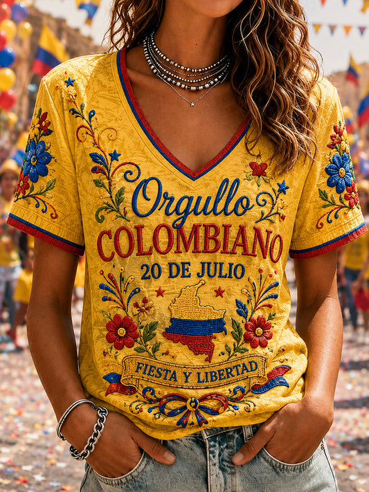 Camiseta informal de manga corta con estampado del Día de la Independencia de Colombia para mujer