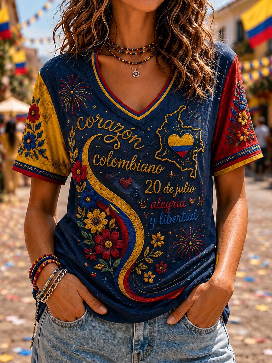 Camiseta informal de manga corta con estampado del Día de la Independencia de Colombia para mujer