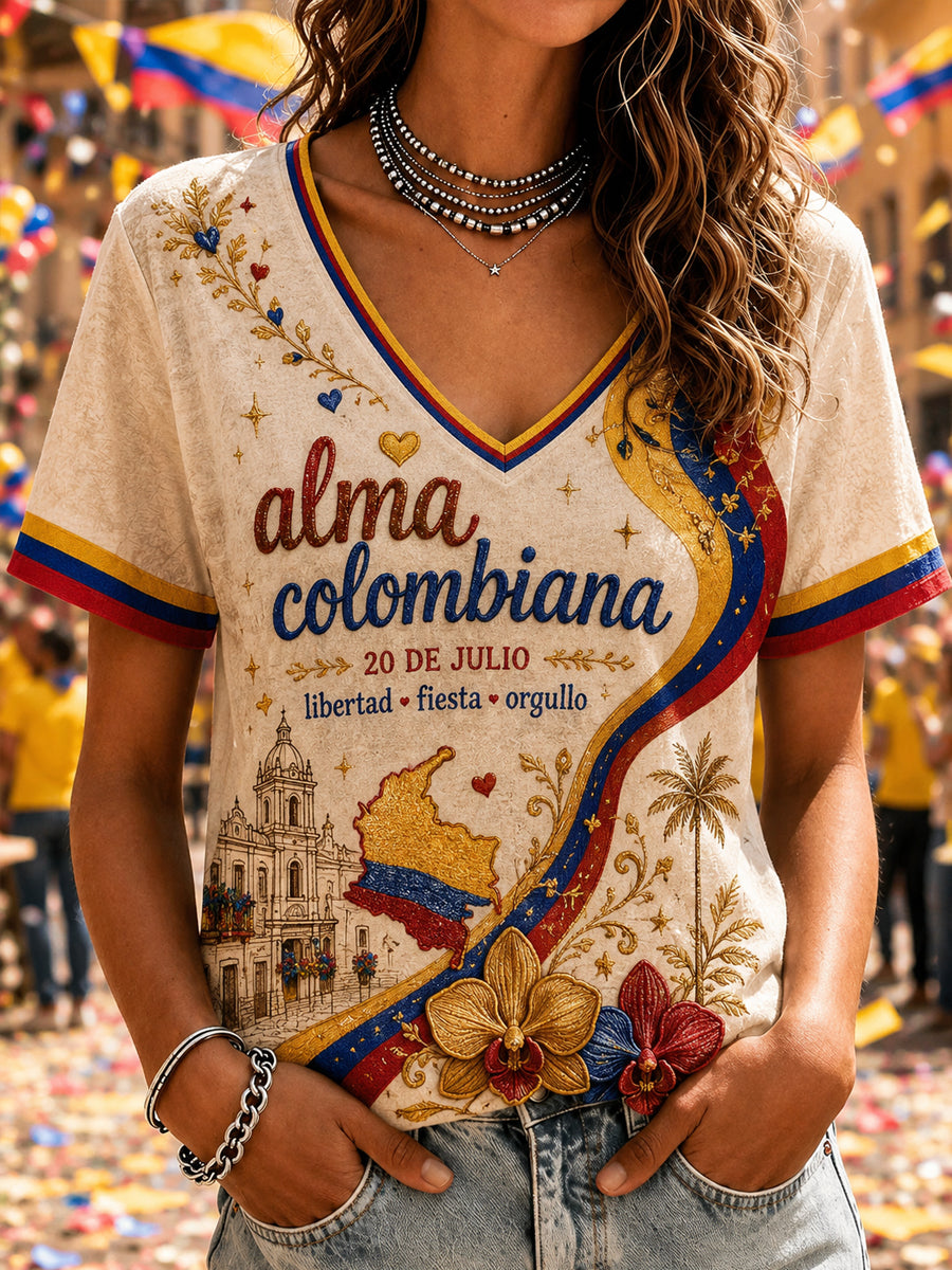 Camiseta informal de manga corta con estampado del Día de la Independencia de Colombia para mujer