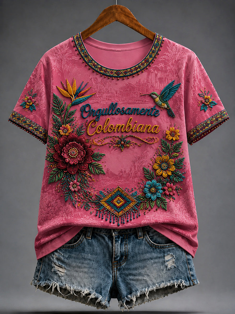 Camiseta casual floral étnica tropical colombiana del vintage