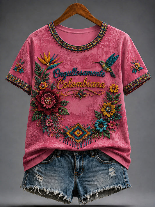 Camiseta casual floral étnica tropical colombiana del vintage