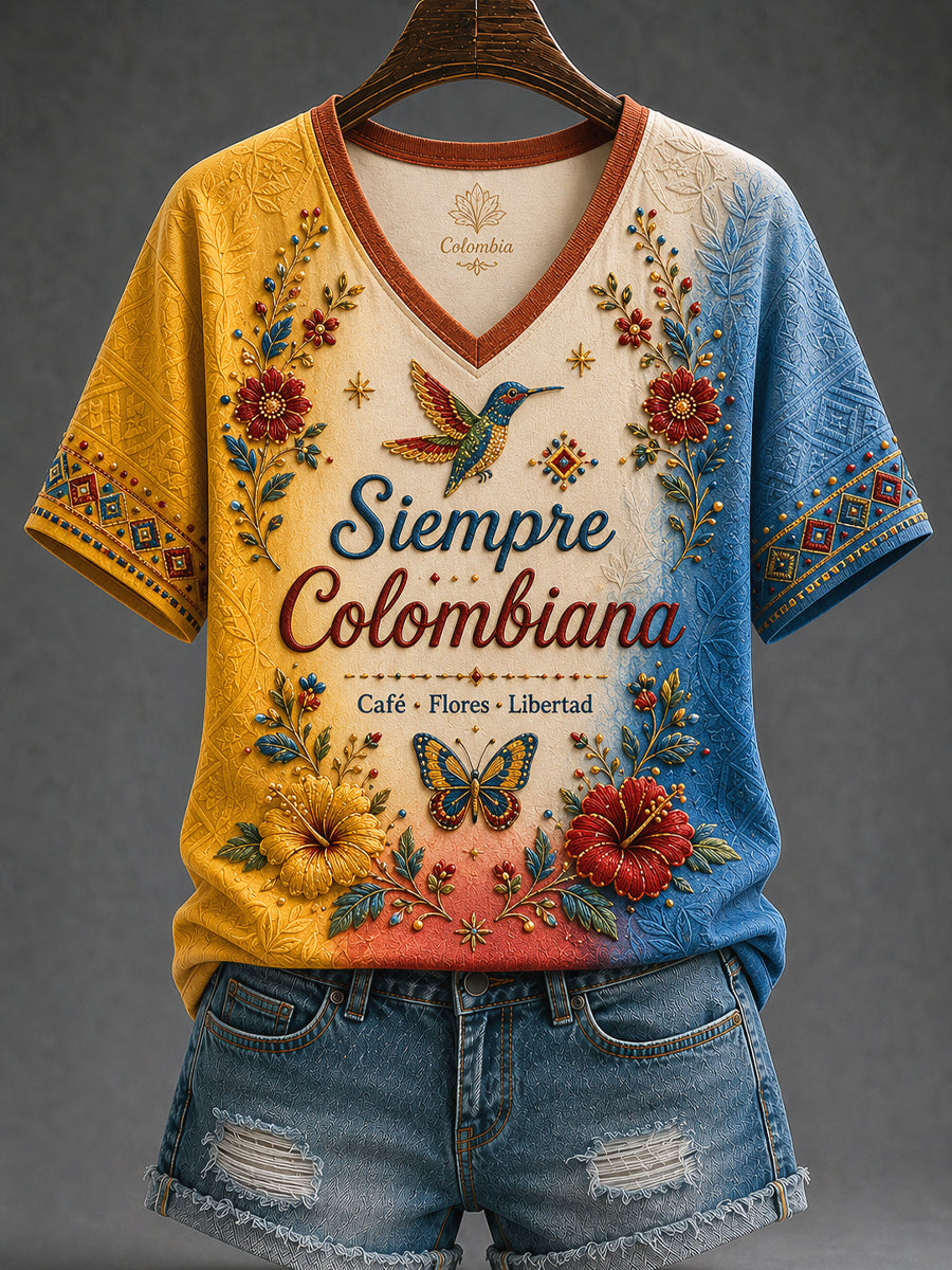 Vintage Columbia Art-Inspired gradiente Casual V-cuello camiseta