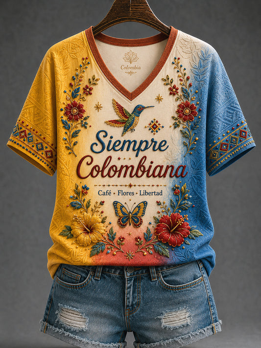 Vintage Columbia Art-Inspired gradiente Casual V-cuello camiseta