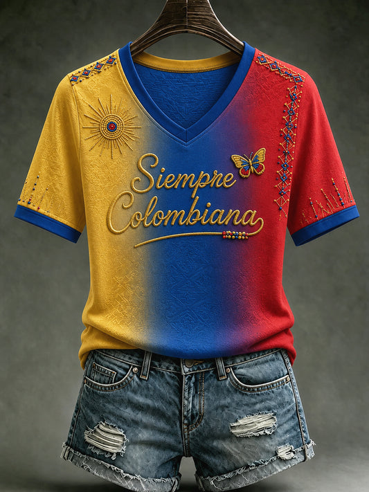 Vintage Columbia Gradient Art Casual Camiseta con cuello en V
