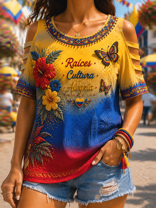 Retro Columbia Floral Gradiente Off-the-hombro camiseta casual de las mujeres