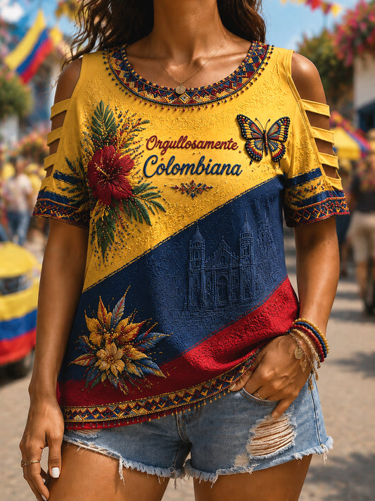 Camiseta informal floral colombiana retro de las mujeres fuera del hombro