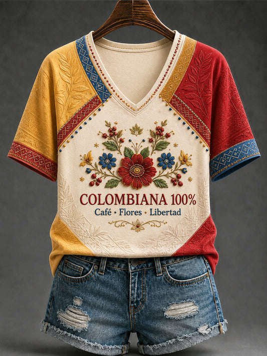 Vintage Columbia Patchwork Casual Floral V-cuello camiseta