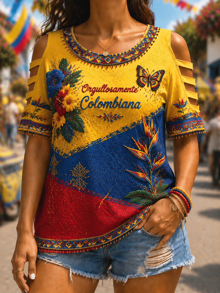 Retro Columbia Floral Patchwork Off-the-hombro de las mujeres camiseta casual