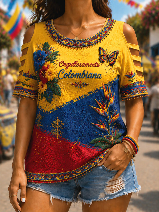 Retro Columbia Floral Patchwork Off-the-hombro de las mujeres camiseta casual