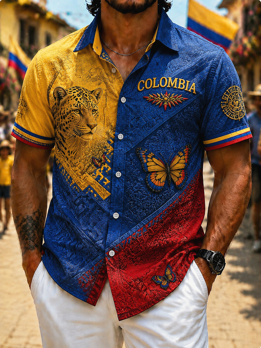 Camisa de los hombres retro de Columbia con estampado animal patchwork casual